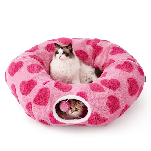 Lesure Donut Cute Jacquard Cat Tunnel Bed Kitten Toys for Puppy Bunny | 33.5x33.5x10in,Round Cat Bed Tube for Indoor Cats Rabbit Dog,Pet Peekaboo Cave Toy,Spiral Hideaway,Washable Cushion - color: A Lover Hearts, size: Standard (33.5"L x 33.5"W x 10"H)