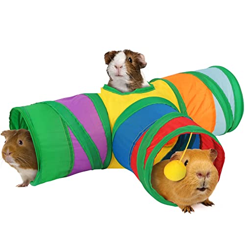 Rypet Guinea Pig Tunnel 3 Way Collapsible Small Pet Tunnels and Tubes with Interactive Ball for Baby Rabbit Ferret Hamster Chinchilla Hedgehog Hiding and Resting - color: Rainbow
