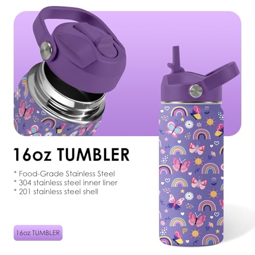 Kids Water Bottle 16oz Purple Water Bottle with Straw, Butterfly (1pc) | Girls Stainless Steel Water Bottle BPA-Free Leak Proof Insulated Water Bottle Butterfly Gifts for Girl School Travel Birthday - color: Butterfly1, size: 16 Ounces