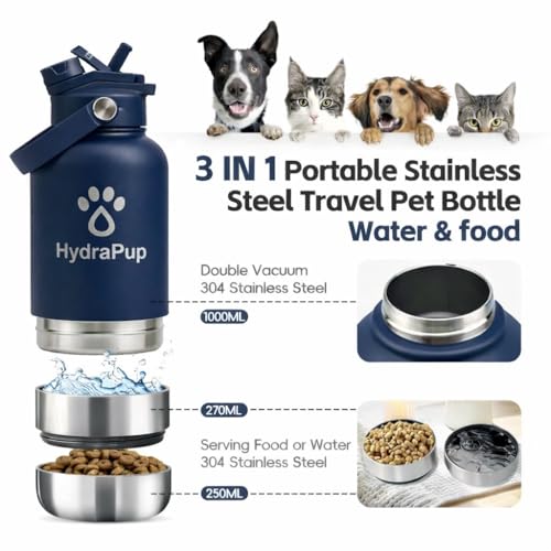 32oz Insulated Water Bottle with Dog Bowls – Human & Pet Shared Use, Stainless Steel Leakproof Travel Bottle (Navy Blue) - color: Navy Blue
