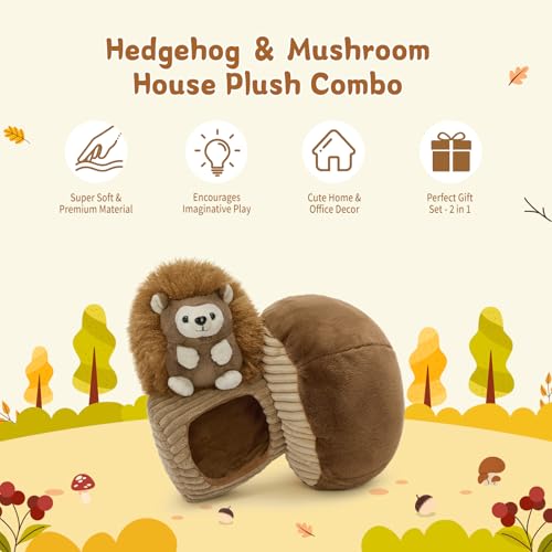 MaoGoLan 2pcs Hedgehog Stuffed Animal - 12" Mushroom Plush House with Stuffed Hedgehog, Soft Cute Hedgehog Plushie Toy for Kids Girls Boys Gift - color: Brown Hedgehog