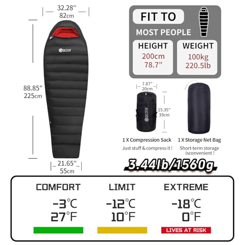 0 Degree Down Sleeping Bag for Adults,Cold Weather Backpacking | 650 Fill Power Down, 4-Season Use, Large Lightweight Compact Carry, Camping Hiking Backpacking - color: 10 Degree