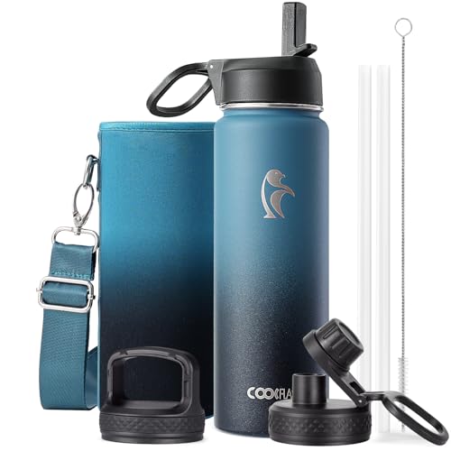 Coolflask 20 oz Insulated Water Bottle with Straw & 3 Leakproof Lids | Water Flask Stainless Steel Triple-Wall Vacuum, Cupholder Friendly, Cold 48+h, Dishwasher Safe, Non-BPA, for Gym & Hiking - color: Samurai Cyan, size: 20 Ounces