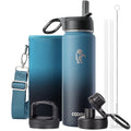Coolflask 20 oz Insulated Water Bottle with Straw & 3 Leakproof Lids | Water Flask Stainless Steel Triple-Wall Vacuum, Cupholder Friendly, Cold 48+h, Dishwasher Safe, Non-BPA, for Gym & Hiking - color: Samurai Cyan, size: 20 Ounces