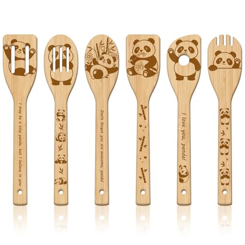 GLOBLELAND 6 Pcs Pandas Wooden Spoons Utensil Set Cute Panda Bamboo Carving Kitchen Cooking Utensils Wooden Engraved Cooking Spatula Sets for Kitchen Fun House Warming Gift - color: Panda