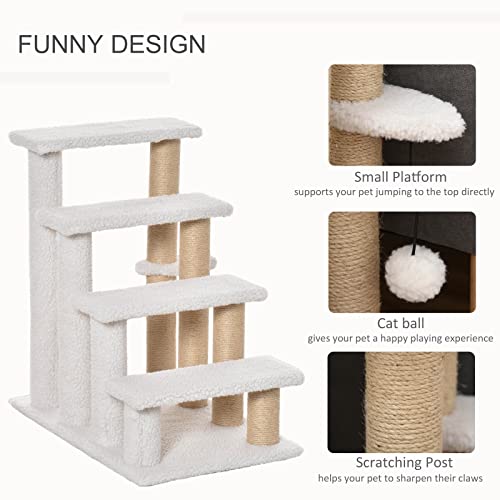 PawHut 4 Levels Cat Steps Pet Stairs Carpeted Ladder for High Bed White | Kitten Tree Climber, Scratching Posts, Hanging Play Ball, Side Step, for Sofa - color: White