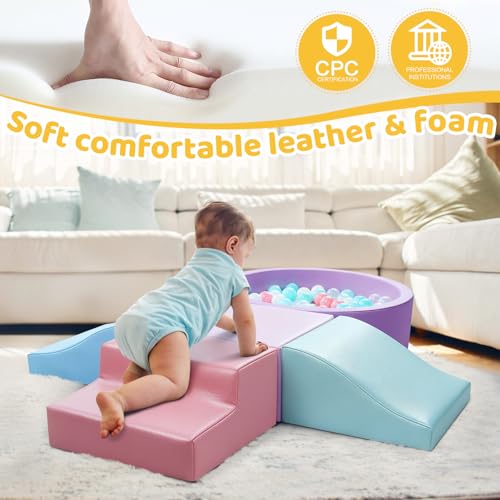 Hoohtoot Foam Climbing Blocks for Toddler: with 4-Piece PU Leather Climbing Toys and a Ball Pit - Foam Ball Pit for Toddlers - Climbing Toys Indoor for Kids Crawling (Purple Climbing Blocks) - style: Purple Climbing Blocks