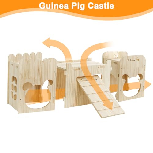 Large Natural Wooden Rabbit Castle,Bunny House,Detachable Rabbit Hideaway, Indoor Hamster Castle with Ramp, Small Animal Houses & Habitats for Guinea Pig Chinchilla Ferret - size: Large Natural wooden