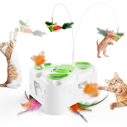 3-in-1 Automatic Interactive Cat Toy, Flying Bird, Mole & Feather | Rotating feather, 3 play modes, cheese-shaped non-slip base, USB-C rechargeable 1200mAh battery, 8-minute auto shutoff - color: White