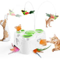 3-in-1 Automatic Interactive Cat Toy, Flying Bird, Mole & Feather | Rotating feather, 3 play modes, cheese-shaped non-slip base, USB-C rechargeable 1200mAh battery, 8-minute auto shutoff - color: White
