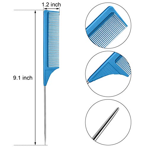 Leinuosen 3 Pack Rat Tail Comb Carbon Fiber,Blue | Steel Pin Tail for Sectioning, Heat Resistant Teasing, Pick Comb for Women Wig Styling, Fishtail Design for Salon Updos - color: Blue