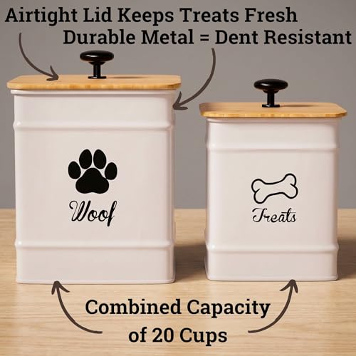 Dog Treat Container Set of 2 with Airtight Bamboo Lids - 8x6 & 7x5 inch | Fits All Popular Treats, Up to 20 Cups Combined Capacity, Airtight Bamboo Lid, Easy Open Lid, Dent-Resistant Durable Metal - color: White - Large