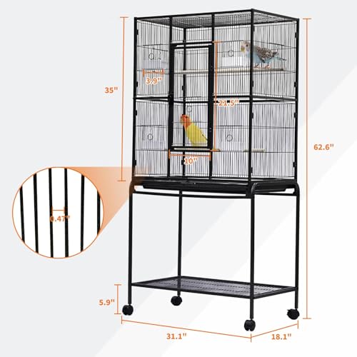 Spacious Flight Bird Cage with Rolling Stand & Storage Shelf - Durable Wrought Iron Parrot Home - Easy Clean, Ideal for Parakeets, Cockatiels, Conures, Lovebirds, Cockatoos - size: 37.2"L x 30.3"W x 4.3"H