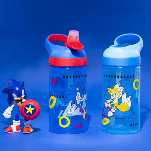 Zak Designs Sonic the Hedgehog Atlantic Kids Water Bottle For School or Travel, 16oz Durable Plastic Water Bottle With Straw, Handle, and Leak-Proof Spout Cover, 2-Pack (Sonic, Knuckles, Tails, Amy) - color: Sonic