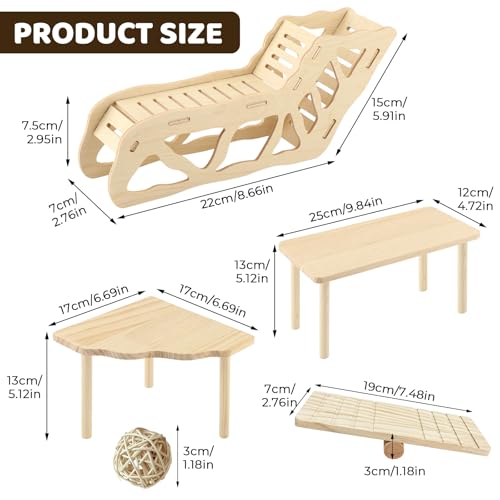 7-Pack Hamster Wooden Play Toys Set, Platform, Seesaw & Maze Tunnel Hideout, Natural Chew Toys for Dwarf Syrian Hamsters, Gerbils, Mice & Small Pets