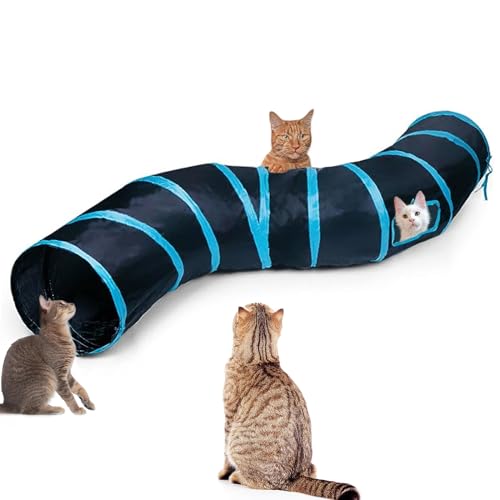 Cat Tunnel, Cat Tunnels for Indoor Cats, S-Shape Foldable Cats Cave | Interactive Toy Pet Tube with Interactive Peephole Crinkle Sounds for Rabbits, Kittens, Ferrets, Puppy Playing & Exploring - color: S - 2 Way Black Blue