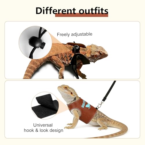 Bearded Dragon Carrier Backpack with Two Security Printing Harness with Leash Sets, Reptile Lizard Travel Bag to Carry and Transport Small Animal Kitten Bunny Guinea Pig to Vet(Brown, PU Leather) - color: Brown