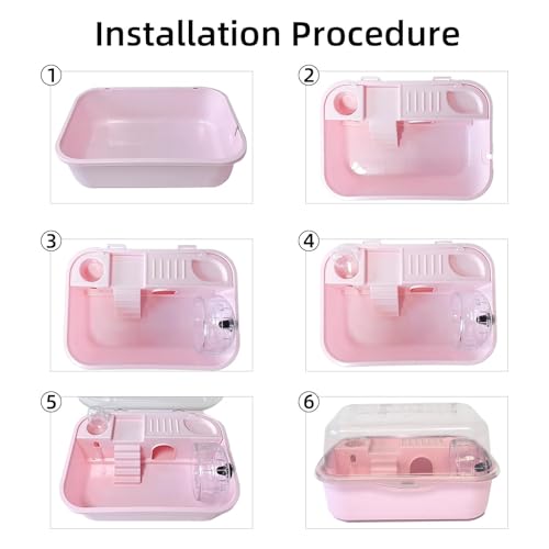 Hamiledyi Dwarf Hamster Cage Clear Plastic Small Hamster Cage Portable Carrier with Water Bottle Exercise Wheel Bathtub Box Set Toy for Dwarf Baby Hamster (Pink) - color: Pink