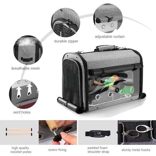 Sanmoncare Bird Carrier Bag Cockatiel Travel Cage with Stand, Lightweight Travel Carrier for Small Bird, Portable Parrot Travel Bag, Pet Transparent Travel Backpack - color: Grey