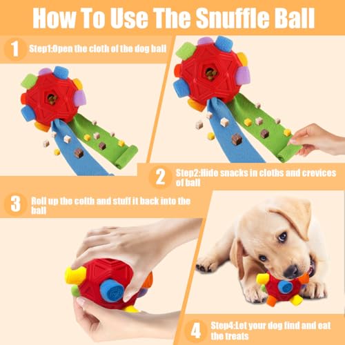 Dog Snuffle Ball-Interactive Puzzle Dog Toys Encourage Natural Foraging Skills Slow Feeder for Training and Stress Relief, Cloth Strip Hiding Food Chew Toys for Any Size Dogs, Machine Washable (Red) - color: Red