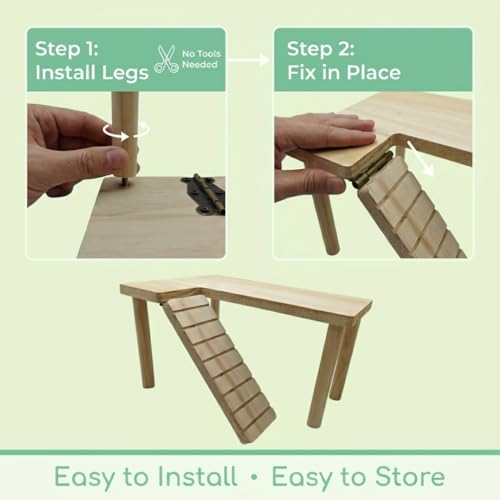 Natural Wood Hamster Platform, Hinge-Connected Ramp & Screw-Fixed Poles for Extra Stability, Chew-Safe Small Animal Loft for Cage Accessories, Gerbil, Mouse - size: medium-sized