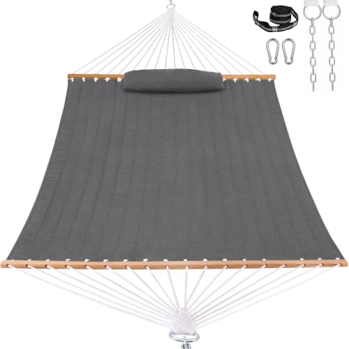 Lazy Daze 12 FT Sunbrella Quilted Hammock, Non-Fading Double Hammock | 2 Person Hammock with Pillow, Straps, Carabiners , All Weather Fade Resistant for Outside, Cast Slate - color: Cast Slate