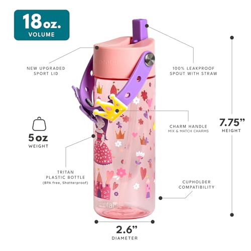 Elemental Water Bottles for Kids - Splash Kids Water Bottle for School with Fun Charm Handle - BPA Free Tritan Plastic Bottle with Straw Leak Proof When Spout is Closed - 18oz - Princess Dream - color: Princess Dream