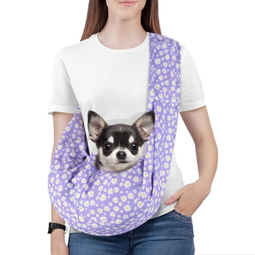 Pawaboo Small Dog Sling Carrier | Reversible Puppy Small Pet Carrier,Hands Free,Safety Buckle,Storage Pocket for Travel,Outdoor Activities Purple Daisy - color: Purple Daisy