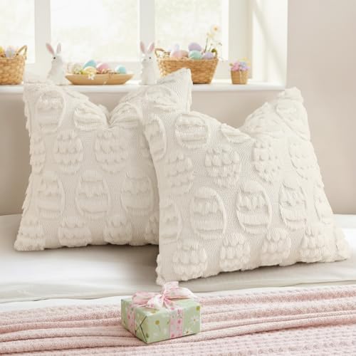 decorUhome Cream White Faux Fur Egg Throw Pillow Covers 16x16 Set of 2 | Plush Soft Wool Jacquard Cream White Cushion Covers, Modern Farmhouse Easter Holiday Decor Pillow Covers for Couch Sofa Bed - color: Eggs Cream White, size: 16" x 16" (Pack of 2)