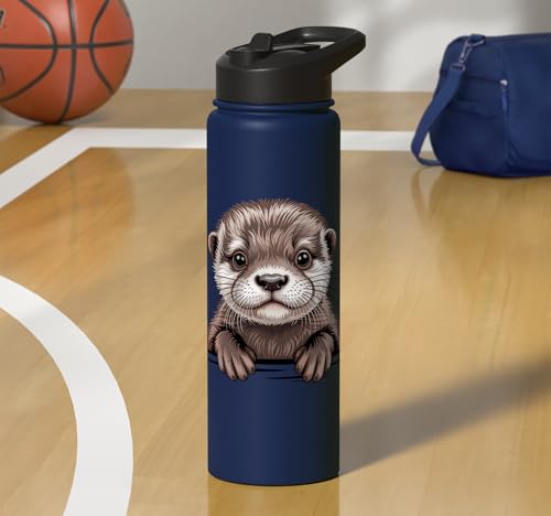 Cute Otter Pup Funny Peeking Pocket Animals Stainless Steel Insulated Water Bottle - color: Navy Blue