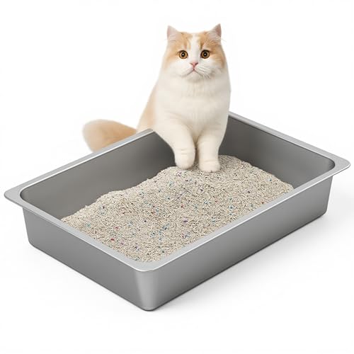 Kirecoo Large Stainless Steel Cat Litter Box Low Entry, Non-Stick | Solid Metal Box, Odor Free, Non Stick, Rust Proof, Easy to Clean, Ideal for Cats, Kittens, Multi-cat & Rabbits, Indoor Use - size: 19.48” L x 13.58” W x 3.9” H