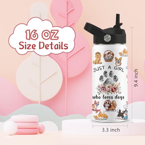 Dog Lover Gifts for Girls, 16 oz Dog Water Bottle with Straw Lid | Stainless Steel Insulated Dog Water Bottle, Cute Puppy Tumbler for School Travel Outdoor - color: Dogs