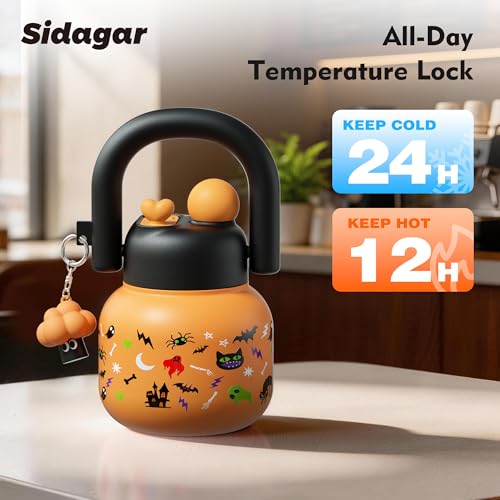 22 oz Tote Insulated Water Bottle with Handle, Leakproof, Halloween | Cute design with durable 316L stainless steel, dual sip, keeps drinks hot or cold longer, travel and everyday hydration - color: Halloween Orange