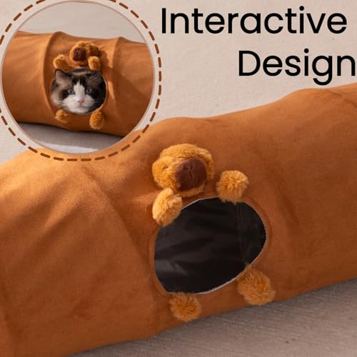 Cat Tunnels for Indoor Cats Straight Foldable Suede Pet Tunnel Toy with a Capybara Plush at the Peek-a-Boo Hole for Kittens Rabbits Puppies, 47.2" L - size: Large Straight Tunnel