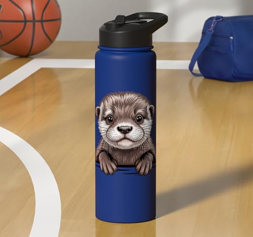 Cute Otter Pup Funny Peeking Pocket Animals Stainless Steel Insulated Water Bottle - color: Royal Blue