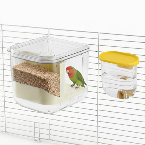No Mess Bird Feeder Water Dispenser Set, Yellow, 1 Set | Multifunctional Seed Feeder, Easy Cleanup Bird Cage Accessories - color: Beige, Yellow