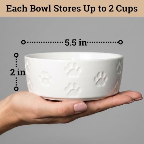 Ceramic Dog Bowl Set of 2 with Anti-Skid Base, 5.5"W x 2"H, 2 Cup Capacity | Thick Ceramic, Dishwasher Safe, Anti-Skid Rubber Base, 2 Cups per Bowl, Ceramic Food and Water Bowls Set of 2 for Small Dogs - color: White, size: Small