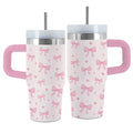 Bow 14 oz Tumbler, with Handle Straw, Stainless Steel Travel Cup | 14 oz Insulated Water Bottle, Travel Vacuum Coffee Mug, Thanksgiving Christmas Birthday Gift for Daughter, Bow Lover Gifts - color: Bow-Pink