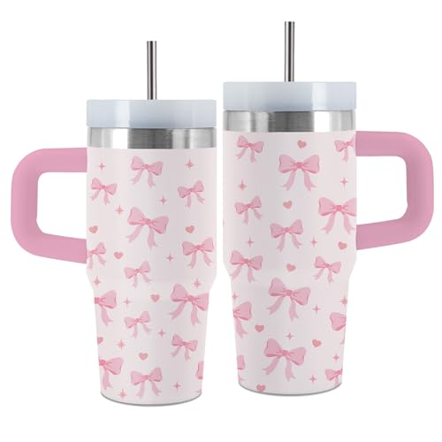 Bow 14 oz Tumbler, with Handle Straw, Stainless Steel Travel Cup | 14 oz Insulated Water Bottle, Travel Vacuum Coffee Mug, Thanksgiving Christmas Birthday Gift for Daughter, Bow Lover Gifts - color: Bow-Pink