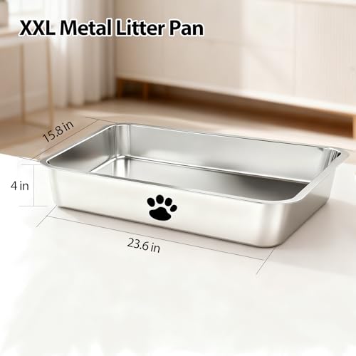 Stainless Steel Cat Litter Box, Indoor Litter Tray Pet Toilet Supplies,XXL 4in Shallow Metal Litter Pan for Senior Cats and Kittens,Multi-Cat Households, Non-Odor, Non-Stick, Easy to Clean - size: 23.6" x 15.8" x 4"