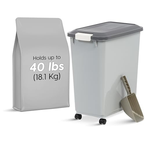 IRIS USA Dog Food Storage Container, Up to 40 lbs, Gray/Dark Gray | Made in USA, Comes with Wheels & 2-Cup Scoop, Airtight Seal, BPA-Free, Bird Seed, Cat food, Cat Litter, Treats, Pellets - color: Gray/Dark Gray, size: 40 lbs