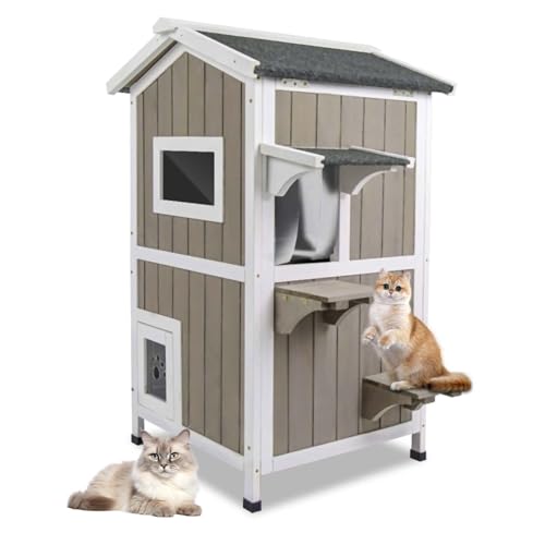 Outdoor Cat House Weatherproof Cats Shelter for Feral Kitten Pet Houses for 1-2 Small Animlas 2 Story Wooden Houses for Indoor Outdoor Cats with Escape Doors (23.5" L x 27" W x 38" H Grey) - style: 23.5"L x 27"W x 38"H GREY