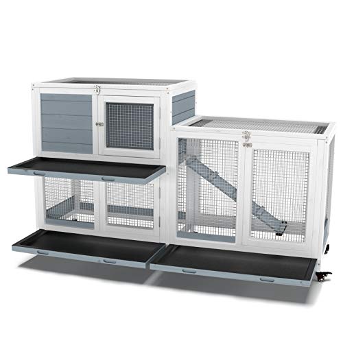 GDLF 58" Rabbit Hutch, Bunny Cage Indoor with Wheels & Cleaning Tray | 58"L x 17.8"W x 34.6"H, 2-Level Design with Wheels, Ramp & No-Leak Cleaning Tray for Rabbits, Guinea Pigs and Small Animals