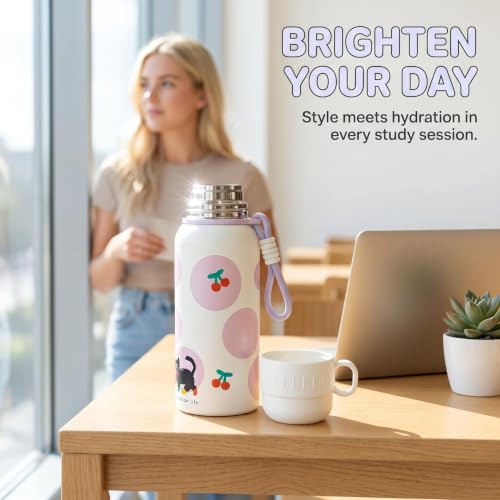 20oz Stainless Steel Insulated Water Bottle with Cat Pattern | Double Wall Vacuum Tumbler, Leakproof, Dual Use Straight Drink & Straw Lid, Travel Office Outdoor - color: Cherry Black Cat