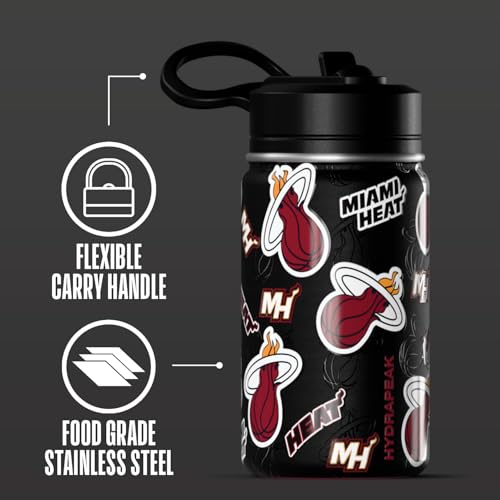 Hydrapeak x NBA Officially Licensed Miami Heat 14oz Mini Kids Water Bottle with Straw Lid and Handle Reusable Stainless Steel Double Wall Insulated Spill Proof Sports Gift for Boys Girls - color: Miami Heat