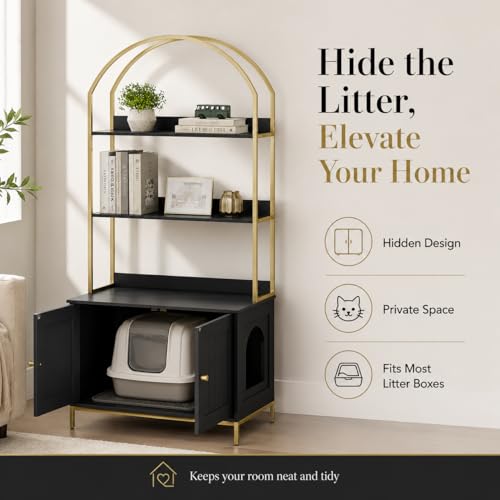 Homhedy Cat Litter Box Enclosure with 2-Tier Shelves, Black and Gold | Litter Box Furniture Hidden, Indoor Cat House, Wooden Cat Washroom Furniture with Metal Frame, Modern Style - color: Black and Gold