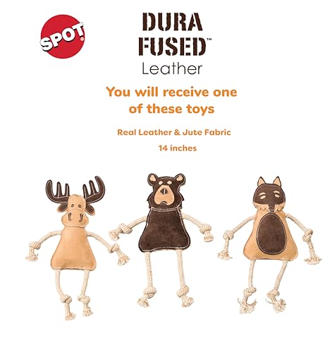 SPOT Dura-Fused Leather Forest Animals - Dog Toy with Squeaker and Rope Limbs, Real Leather and Jute Chew Toy, Durable No-Stuffing Toy For Light to Moderate Chewers - 14in, Assorted Styles, 1 Piece