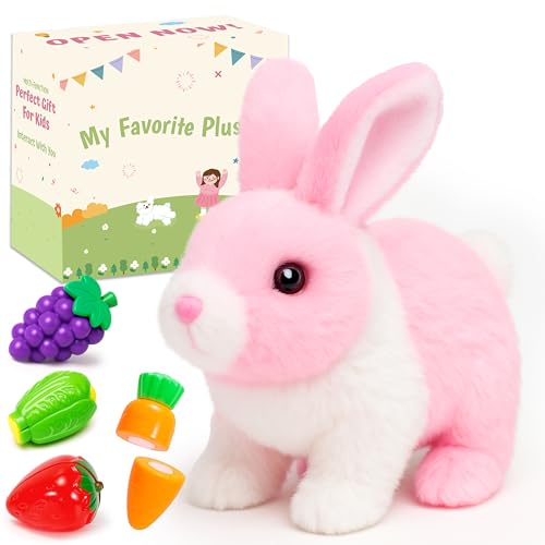 Easfan Walking Bunny White-Pink Rabbit Interactive Plush Toy for Kids 7" | Electronic pet, with sounds & hopping ears, Easter birthday holiday gift, for girls toddlers - style: Bunny_White_Pink