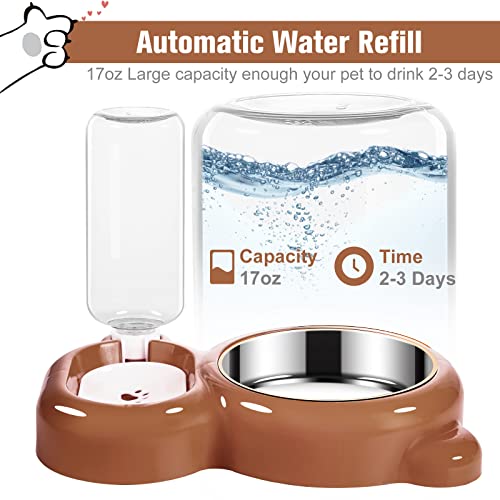 Dog Bowls, Cat Food and Water Bowl Set with Water Dispenser and Stainless Steel Bowl for Cats and Small Dogs - Brown - color: Brown