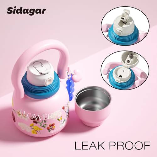 22 oz Leakproof Insulated Water Bottle with Handle Dual Lid Flowers | 316L Stainless Steel | Dual Drinking Options | BPA-Free | Steel | Cold 24H & Hot 12H | Wide Mouth Design | Easy Cleaning - color: Floral pink